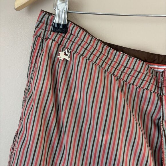 Men’s Reversible Swim Shorts, Size 34, Brown Striped / Pink Bird Print - Picture 2 of 11